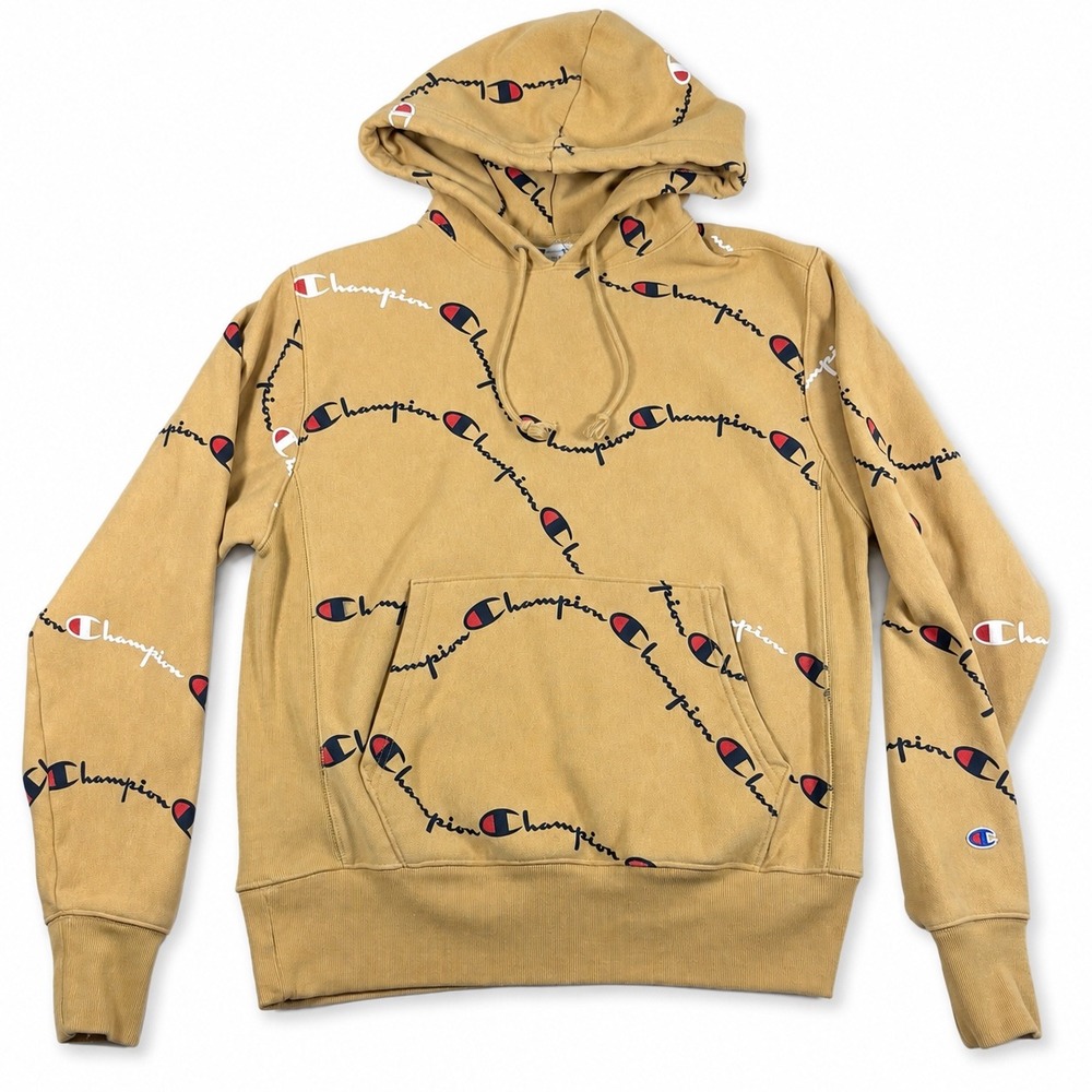 Champion Reverse Weave All Over Print Script Logo Hoodie Mens Medium Tan Mustard